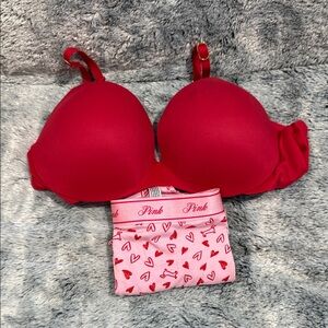 PINK Victoria's Secret Red Bra and Heart (boy short) Panty Set